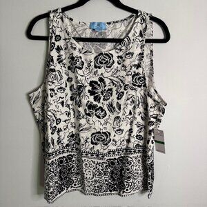 CeCe Women's Sleeveless White & Black Floral Linen Blouse Size Large NEW!!!
